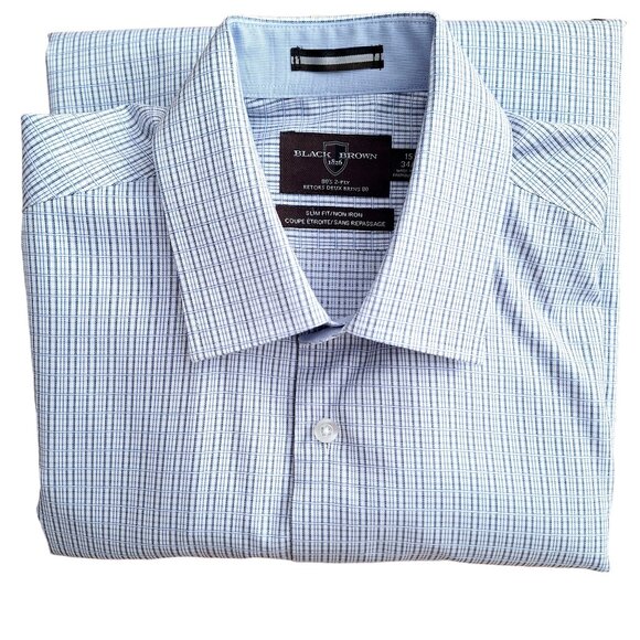 Slim-Fit Non-Iron Dress Shirt White with Blue Check Pattern 15.5 neck - Picture 4 of 10